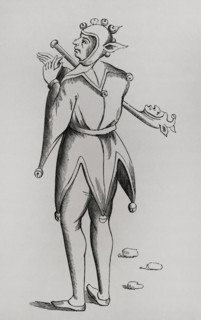 Buffoon holding a puppet beneath his arm. Engraving based on a miniature from a 15th-century