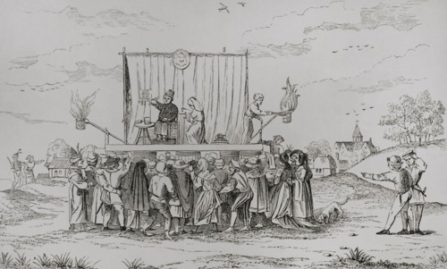 Europe. A juggler's stage set in a village. On stage a juggler and a medicine seller talking to the