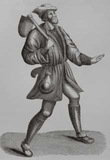 15th century French peasant. Engraving after a miniature of the ""Danse macabre"". ""Moeurs, usages