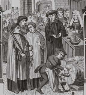 Dues on wines, privilege granted to the Chapter of Tournai by King Chilperic. Two clergymen, one