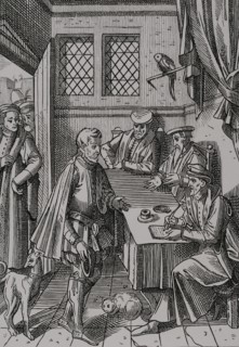 Tribunal of the King's Bailiff. Facsimile of a woodcut from ""Praxis Rerum Civilium"" by Josse