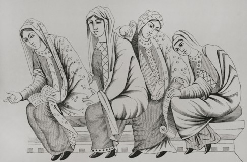 Dresses of noblewomen in the 11th century. Facsimile of an engraving based on a miniature from the