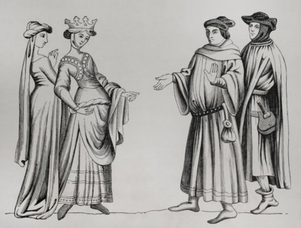 Noble lady and maid of honour accompanied by two bourgeois men wearing chaperon. 14th century.