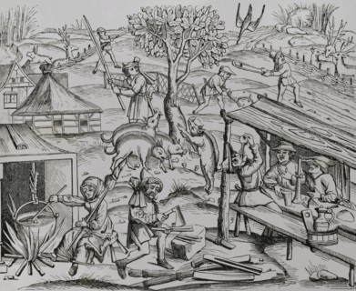 Life in the countryside. A woman with a distaff stirring food in a pot. 19th century facsimile