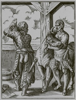 The butcher and his assistant preparing to slaughter an animal. Facsimile after a drawing and