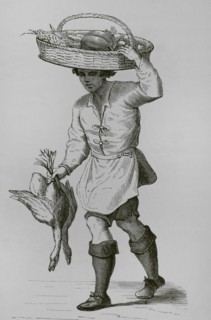 Poultry dealer. Facsimile from a woodcut by Cesare Vecellio (ca. 1521-ca. 1601). ""Moeurs, usages