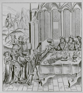State banquet. Serving the peacok. 19th century facsimile after a woodcut from an edition of