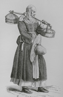 Dealer in eggs. Engraving after a woodcut by Cesare Vecellio (ca. 1521-ca. 1601) from ""De gli