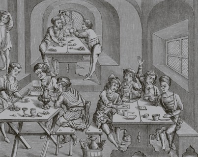 Interior of an hostelry. 19th century facsimile after a woodcut from an edition of Virgil's works
