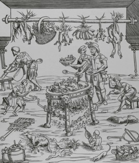 Interior of Italian Kitchen. Cooks preparing a feast. Facsimile of a woodcut from the cookbook of