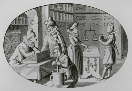 French druggist and grocer, 16th century. Engraving after an illustration by Jean de Vries in the