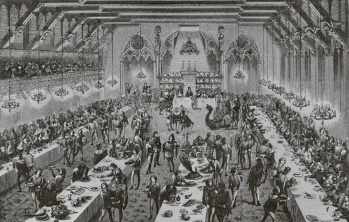 Grand ceremonial banquet at the French Court in the 14th century, with ""entremets"" (dishes that