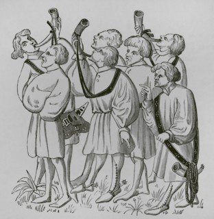 How to shout and blow horns. 19th century facsimile after a miniature in the manuscript of Gaston