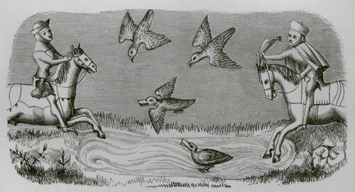 Medieval falconers hunting ducks. Engraving after a miniature from the book of the ""Roi Modus""