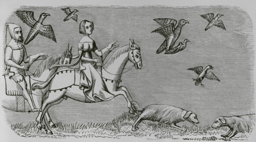 How to make your new falcon fly. Engraving after a miniature from the book of the ""Roi Modus""