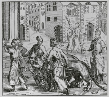 Lion trainers and sellers in Constantinople. Facsimile after a woodcut from ""La cosmographie