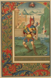 French court-fool in the 15th century. Chromolithography from a facsimile of a miniature. ""Moeurs,