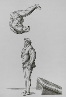 Somersault using a springboard. Facsimile of an engraving from ""Trois dialogues de l'exercice de