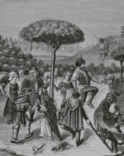 Peasant dances of the May Feasts. Facsimile of an engraving from a miniature in a 15th-century book