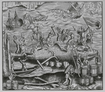 Whale fishing. Facsimile after a woodcut from ""La cosmographie universelle"" by Andre Thevet