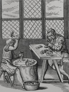 Thimble maker. Reproduction of a 16th-century engraving by Jost Amman. ""Moeurs, usages et costumes