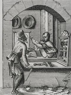 Wire worker. Reproduction of a 16th-century engraving by Jost Amman. ""Moeurs, usages et costumes