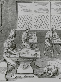 Pin and Needle maker. Reproduction of a 16th-century engraving by Jost Amman. ""Moeurs, usages et