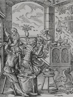 Goldsmith. Reproduction of a 16th-century engraving by Jost Amman. ""Moeurs, usages et costumes au