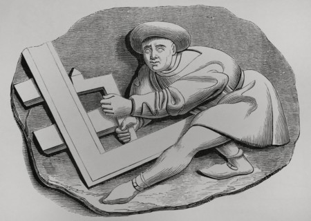 Carpenter's apprentice working with a large square. Engraving after one of the stalls, called