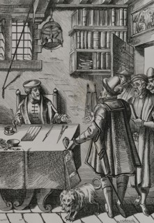 The Tax Collector. Drawing by Albert Coinchon and engraved by Huyot after a woodcut in ""Praxis