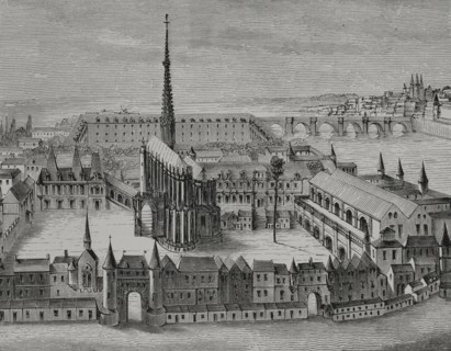 Paris, France. The Palais and the Sainte-Chapelle in the 16th century. Facsimile of an engraving of