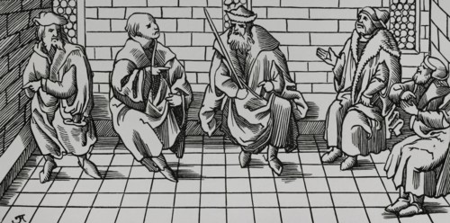 Bailiff's Court. Engraving after a woodcut in Sebastian Munster's ""Cosmographia universalis"",