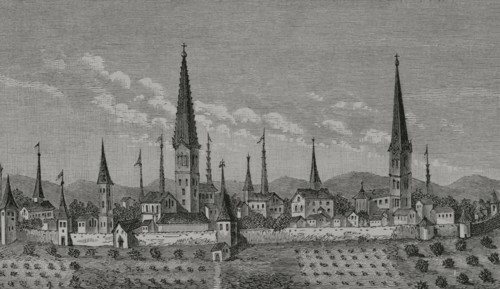 Dortmund, Germany. View of the city in 16th century. After engraving in P. Bertius's Theatrum