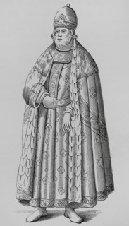 Doge of Venice in ceremonial costume. 16th century. Engraving after Cesare Vecellio (1521-1601) in