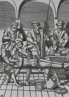 The Water Torture. The prisoner was tied with ropes to a sloping ladder or surface so that his head