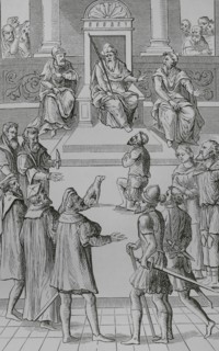 Confession for amends before the tribunal. The condemned person, on his knees, had to confess that