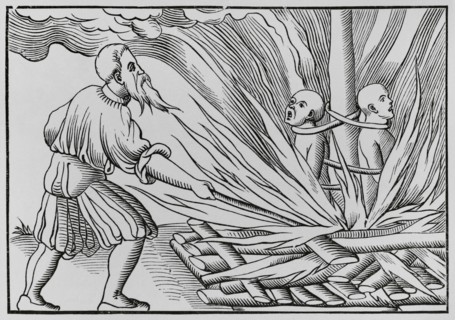 Torture by fire. Engraving after a woodcut in Sebastian Munster's ""Cosmographia universalis"",