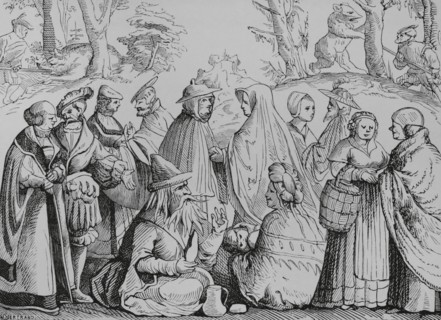 Gipsies fortune telling. Engraving after a woodcut in Sebastian Munster's ""Cosmographia