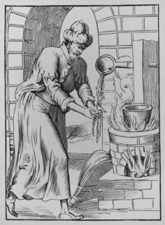 The gipsy who washed his hands in molten lead. 19th century engraving after a woodcut in