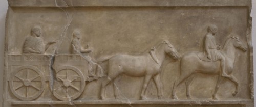 Relief depicting a scene of wheeled transport from Lower Moesia and Thrace. Marble. Early 4th