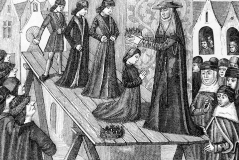 In this miniature from ""Vigiles de Charles VII"" that dates to 1484, Henri VI of England is shown