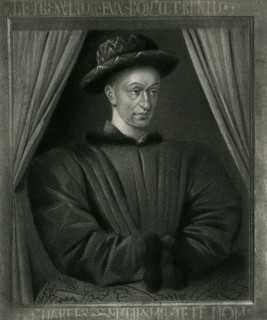 This painting of Charles VII (1403-1461) dates to the time period but credits no artist. It hangs