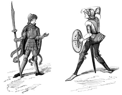 This detailed illustration depicts two French soldiers from the time period of the Hundred Years'