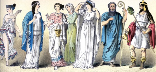 The figures illustrate, from left to right, five ancient Greek women (from different classes and in