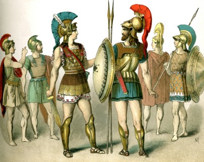 The illustration depicts ancient Greek warriors. The illustration dates to 1882.