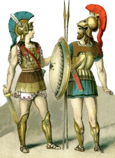 The illustration, which dates to 1882, depicts two ancient Greek warriors.