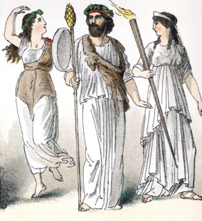 The figures illustrate ancient Greek religious figures: from left to right, a female Bacchant, a