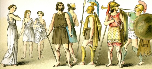 These illustrations of ancient Greeks represent, from left to right: a woman, girls (prehaps