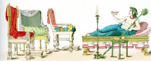 The illustration here shows ancient Greek artifacts. They are from left to right: three chairs and