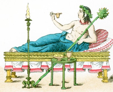 The illustration here shows an ancient Greek couch with table and candelabrum, and a flaming torch.
